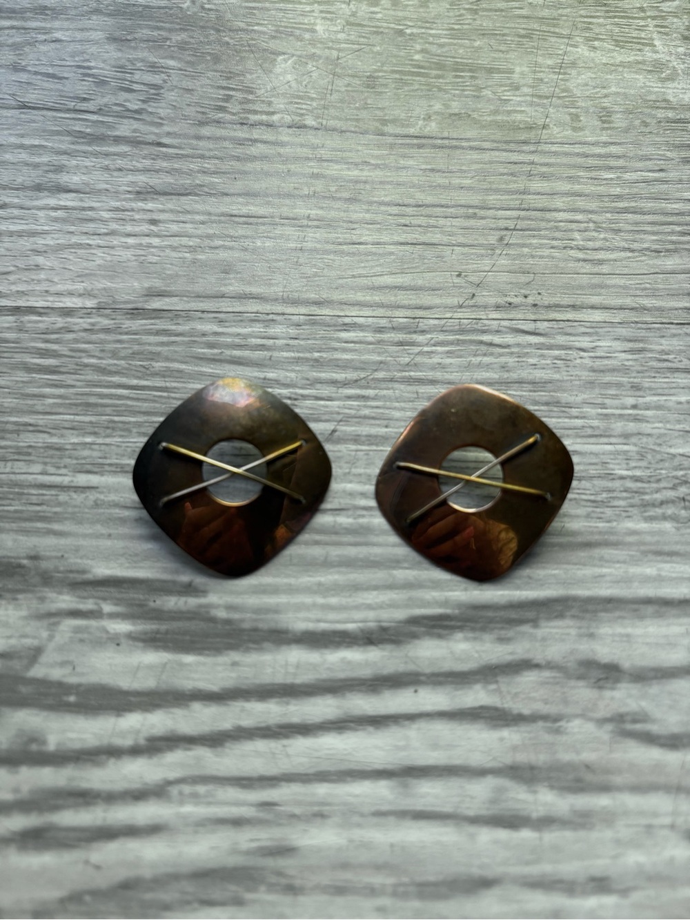 Bronze and gold square earrings, boho festival vibes